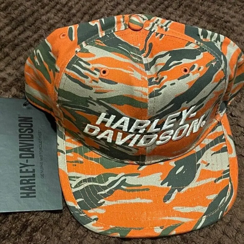 HARLEY DAVISON HAT CAMO‎ ORANGE GREEN RACING SNAPBACK BIKER MILITARY ICONIC RARE